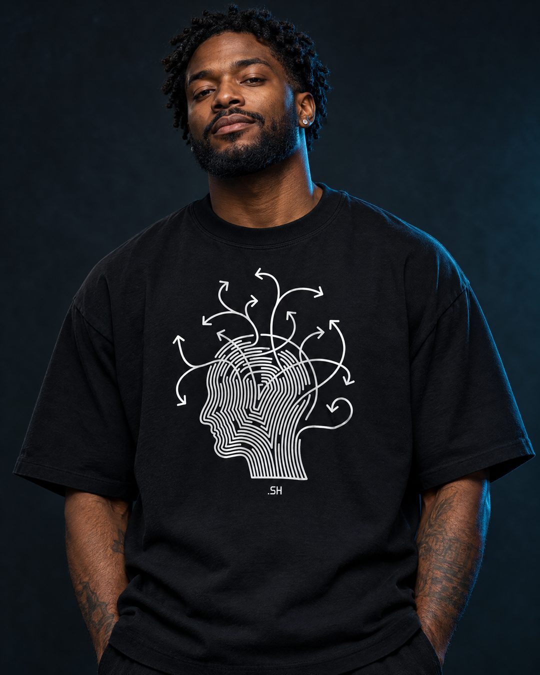 Model wearing the black .SH Wired Different tee